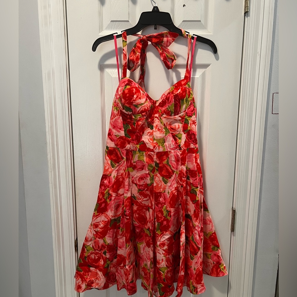 Betsey Johnson 50's Style Rose Print Halter Swing Dress Size 8